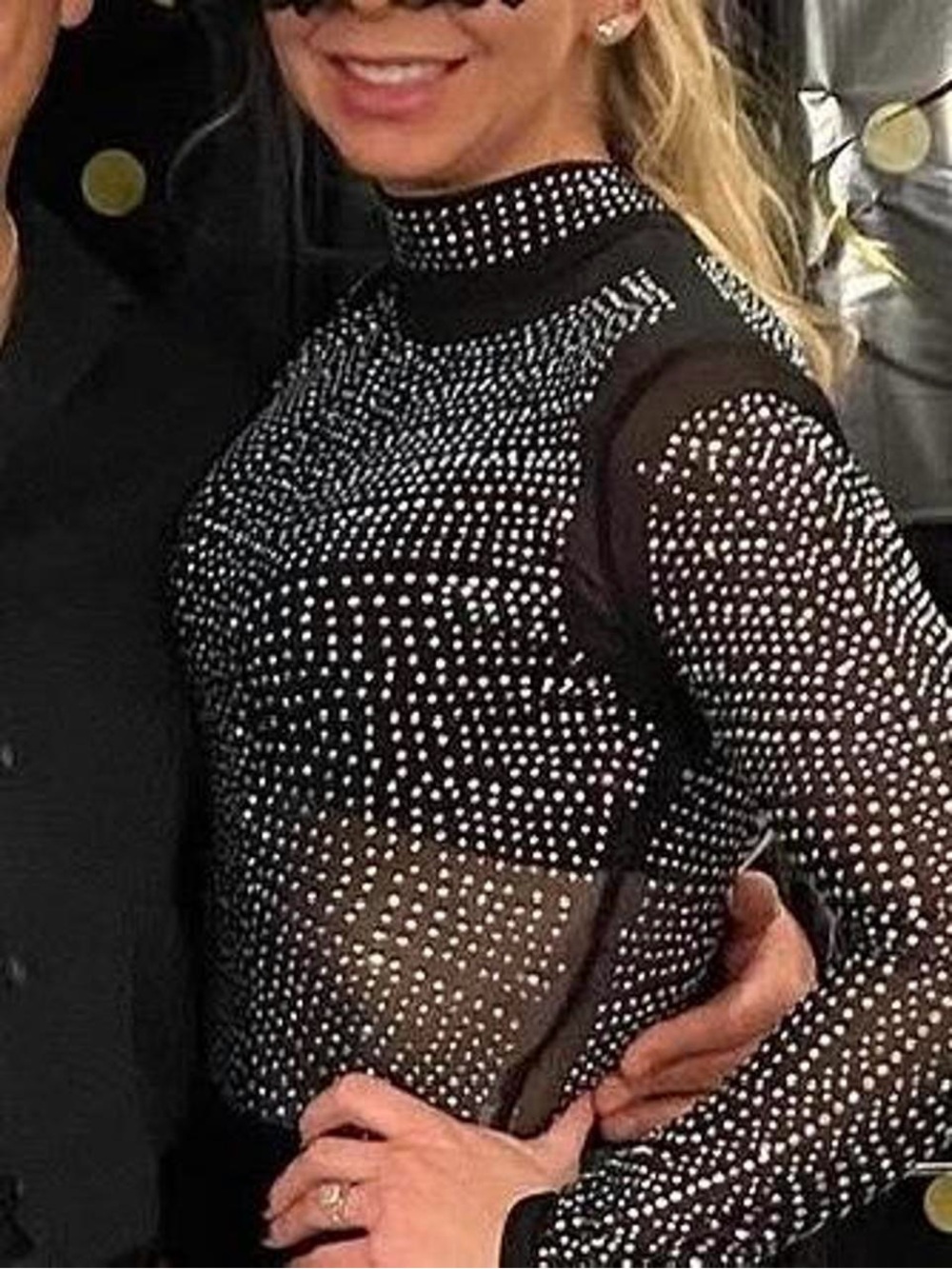 Black Sheer Rhinestone-Embellished Long Sleeve Top